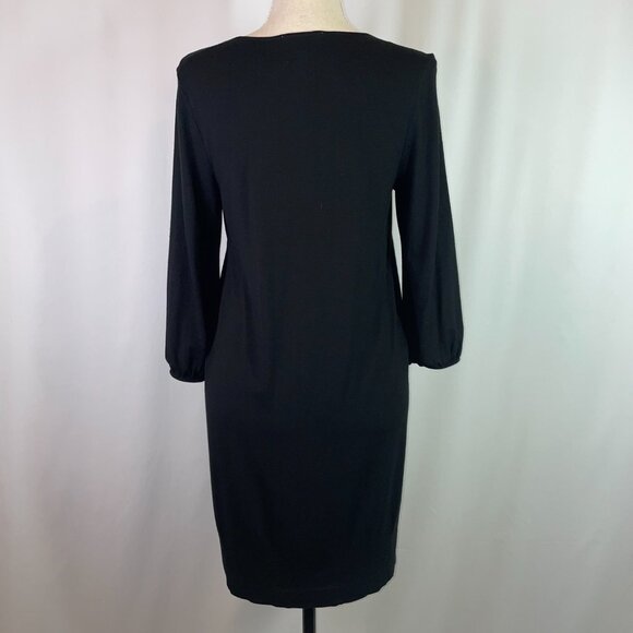 WHBM Pleated Bubble Hem Dress Black Jersey Knit 3/4 Sleeves Scoop Neck Size M - Picture 3 of 11